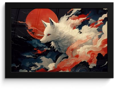 Poster in lijst - Fotolijst 30x20 cm - Posters - Witte vos - wolken - maan - Posterlijst zwart - Decoratie - Wanddecoratie woonkamer - Muurdecoratie slaapkamer