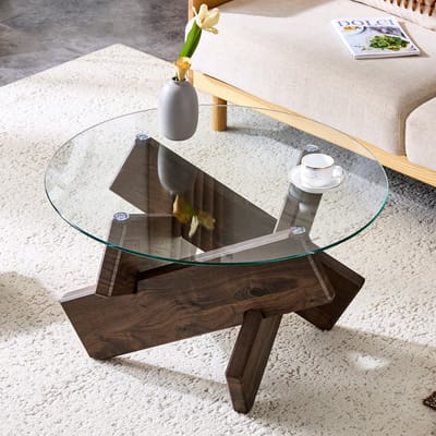 MODENUIT Salontafel - Rond Tafelblad Van Gehard Glas - Voor Woonkamer En Leeshoek - MDF Walnootkleur - 79x45 Cm