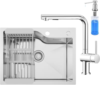 Anycee MAX Spoelbak RVS (60x45CM) - Spoelbak Met Kraangat - Spoelbak Keuken Met L-uitloop Keukenkraan en Zeepdispenser 300ML - Enkele Spoelbak Met Afdruiprek - Incl. Sifon en Afvoerzeefje