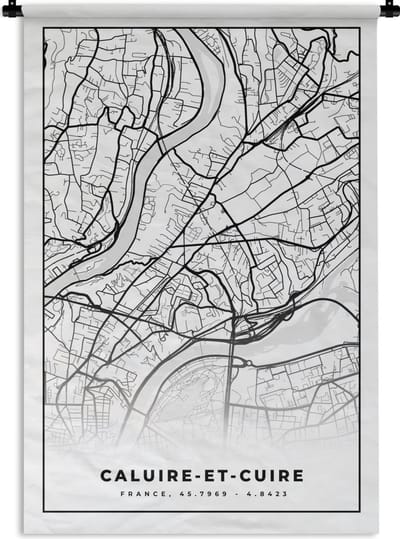Wandkleed - Wanddoek - Stadskaart - Plattegrond - Kaart - Frankrijk - Caluire-et-Cuire - Zwart wit - 120x180 cm - Wandtapijt