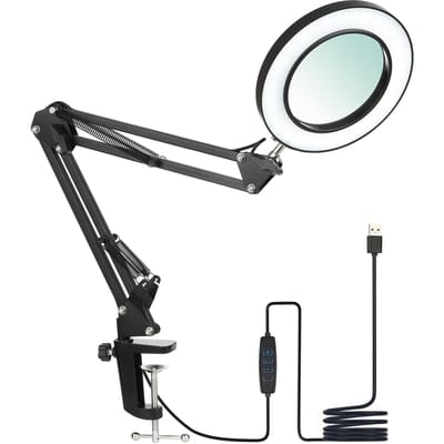 Neoglint lampe de table à pince flexible avec loupe 8x bras oscillant LED à intensité variable lampe de bureau 3 modes de couleur et 10 niveaux de luminosité noir