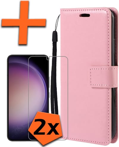 Hoes - Met 2x Screenprotector - Geschikt voor Samsung Galaxy S23 - Luxe Pasjeshouder - Bookcase Portemonee - Flip Case - Kunstleer Book Case - Flipcase Hoes - Book Cover - Walletcase - PortemonneeHoes - Lichtroze