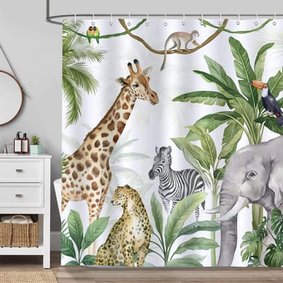 Douchegordijn jungle dieren 180x180 cm - polyester waterdicht - schimmelbestendig - sfeervolle badkamer - ShopVlot