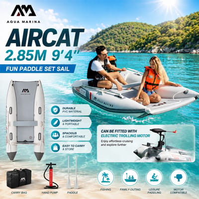 AQUA AIRCAT 285 Opblaasbare Catamaran Boot 2,85M 9'4" 4-Persoons PVC Dinghy met Drop Stitch Luchtdek Stabiele Tunnelromp Visboot Duikboot Toerboot Watersport Draagbare Familieboot Kan worden uitgerust