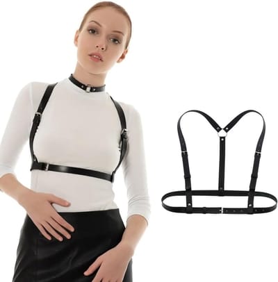 Verstelbare leren harness voor vrouwen met lichaamsketting, gothic body jewelry voor cosplay, feest en Halloween kostuum (Zwart)