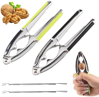 Dailygoods - Notenkraker walnoten 4-delige set, notenkraker roestvrij staal, multifunctionele walnootkraker van zinklegering met zwarte groene handgreep en 2 notenprikkers voor zeevruchten, noten, walnoten