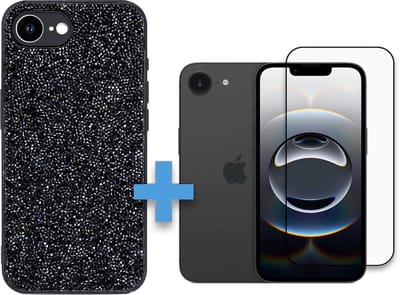 Casemania Hoesje Geschikt voor Apple iPhone 16e - Zwart - Diamant Glitter Back Cover / Volledige Dekkend Glazen Screenprotector