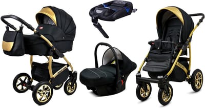 BabyLux® Kinderwagen 4in1 – GOLDLUX - ONYX GOLD FRAME - Opklapbare Wandelwagen incl. Reiswieg, Multifunctionele Buggy Sportstoel, Autostoel, ISOFIX basisstation - Combi-kinderwagen met Luiertas, Regenhoes, Klamboe