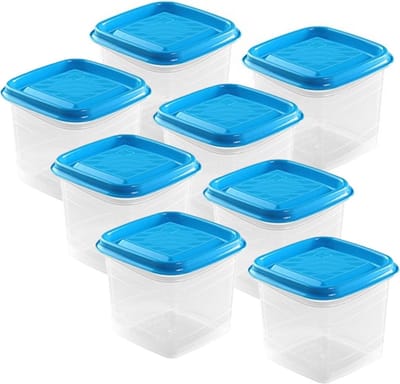 Hega Hogar Vershoudbakjes - set 8x stuks - 0.7 liter - transparant/blauw - L11 x B11 x H12 cm - Mealprep - Maaltijden bewaren