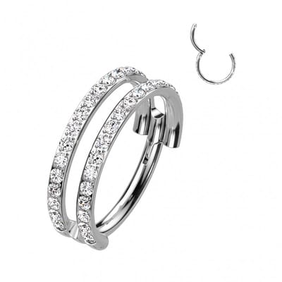 High Quality titanium clicker double lined gemmed 1.2x10 mm - zilver - LMPiercings