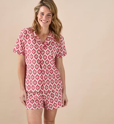 Little Label - JULIE - damespyjama - donkerroze ikat - extra zachte bio katoen - maat: M/38-40