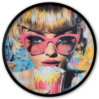 Poster in lijst Rond - Fotolijst 40x40 cm - Posters - Zonnebril - Vrouw - Kleurrijk - Verfspetters - Ronde posterlijst zwart - Decoratie - Wanddecoratie woonkamer - Muurdecoratie slaapkamer