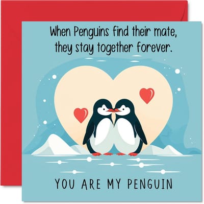 Penguin Valentines Anniversary Card - Penguins In Love - Cute Romantic Card for Girlfriend Boyfriend Wife Husband Partner Friend Him Her, 145mm x 145mm Birthday Greeting Cards