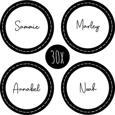30x Naamsticker - Rond, beschrijfbaar, 35 mm - Zwart & Wit