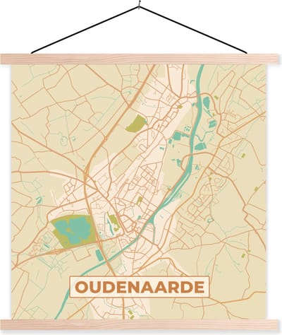 Posterhanger incl. Poster 40x40 cm - Schoolplaat - Kaart - Plattegrond - Oudenaarde - Stadskaart - Vintage - Textielposter - Blanke latten - Stadskaart