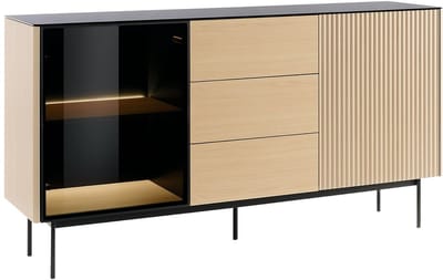 Vente-unique Dressoir 2 deuren en 3 lades met leds in MDF en gerookt glas - Licht naturel en Zwart - SAYERA