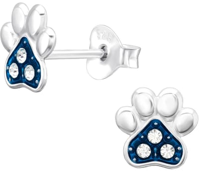 Joy|S - Zilveren kat hond dierenpoot oorbellen - 7.4 x 7.2 mm - donkerblauw - kristal - poot afdruk - kinderoorbellen