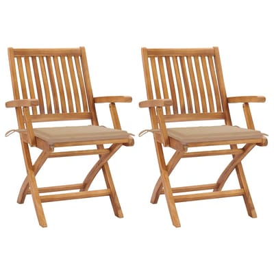 vidaXL - Inklapbare - stoelen - 2 - st - met - beige - kussens - massief - teakhout