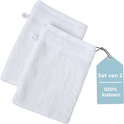 HUSH Living - Washand 100% katoen - set van 2 - zware kwaliteit 500g/m2 - stijlvol boord en ophanglus- 16x22cm - wit