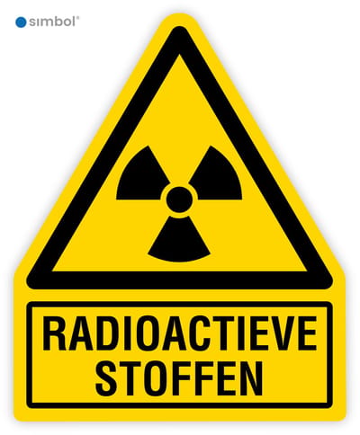 Simbol® - Stickers Radioactieve Stoffen – Radioactief (W003) met onderbord - Formaat 5 x 6,2 cm.