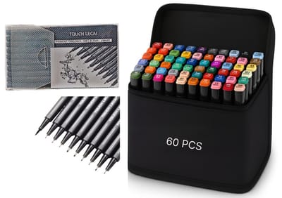 Goodz4All Tekenset voor Volwassenen , 60 Twinmarkers , Dubbelzijdige Alcohol Stiften , 10 Zwarte Watervaste Pigment Fineliners / Tekenpennen Verschillende Puntdiktes