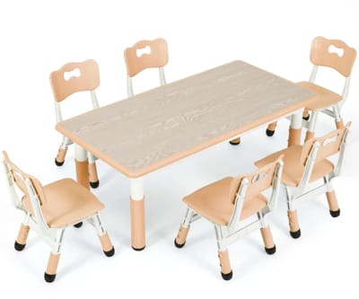 Kinder Tafel Met 6 Stoelen – Kindertafel Set – Speeltafel – Knutseltafel – Kindermeubel – Verstelbare Hoogte – Duurzaam Kunststof En Houtlook - Geel