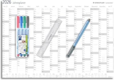 STAEDTLER Lumocolor 641 YP-1DE Jaarplanner, wandkalender 2026, set 4 kleuren + liniaal, droog afwasbaar, vakantie- en feestdagplanner, formaat DIN A1, DEZ 25 + Jan 27, speciale editie