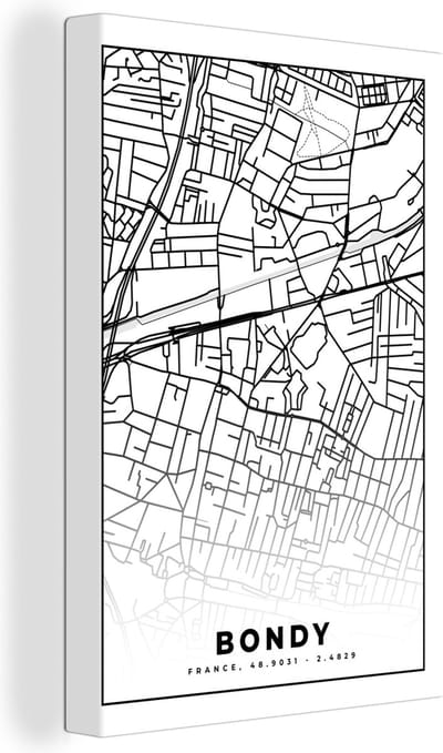 Canvas Schilderij Kaart - Bondy - Stadskaart - Frankrijk - Plattegrond - Zwart wit - 20x30 cm - Wanddecoratie