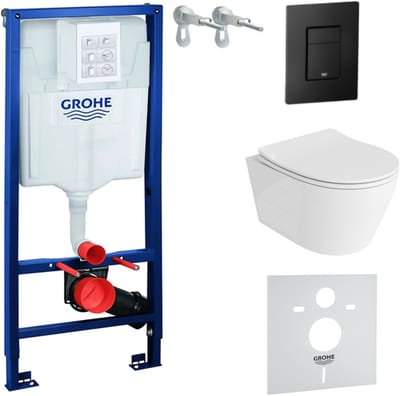 Inbouwreservoir Complete Toiletset Grohe Solido 39069000 - Inbouw WC Hangtoilet Wandcloset Praia Wit Hoogglans - Bedieningsplaat EVEN 3in1 Zwart - Voorwandelement - Installatiesysteem