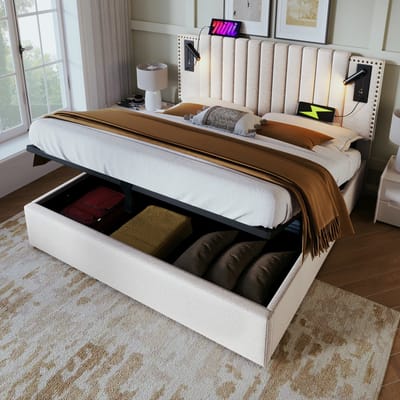 DESMIU Gestoffeerd Bed 140x200 cm – Verstelbaar Hoofdbord Met Leeslamp En Oplaadpunten – Opbergruimte Onder Bed – Slaapkamer – Katoen – Beige – Zonder Matras