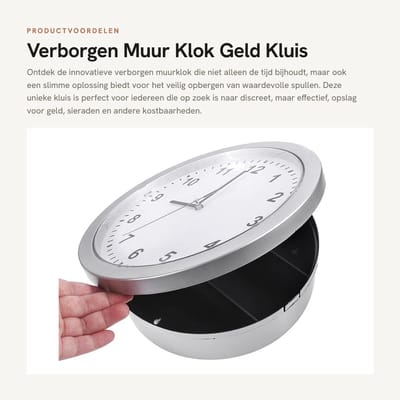Dailygoods - Verborgen Muur Klok - Geld Kluis - Modern Design - Zilver - Veiligheidsoplossing - Verberg Waardevolle Spullen - Voor Thuis of Kantoor
