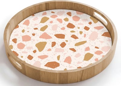 Dienblad rond 40x40 cm - Schootdienblad hout - Terrazzo - Patroon - Kleurrijk - Zalm - Borrelplank rechthoek - Plateau houten dienbladen