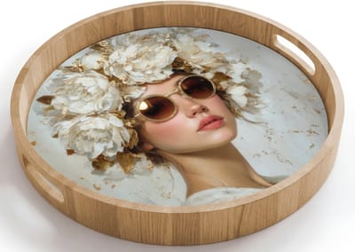 Dienblad rond 40x40 cm - Schootdienblad hout - Schilderij - Vrouw - Zonnebril - Bloemenkrans - Borrelplank rechthoek - Plateau houten dienbladen