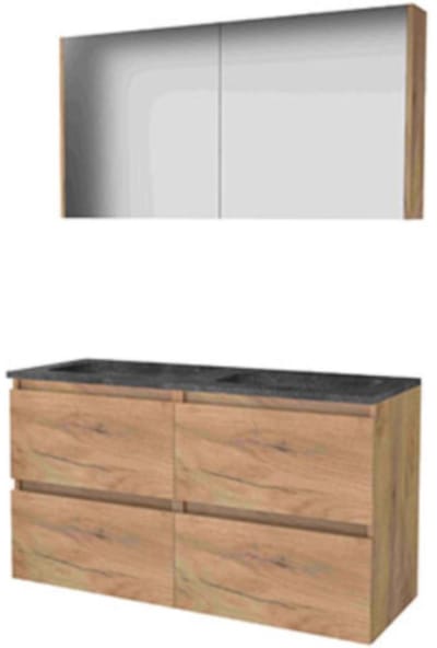 Basic-Line Comfort 46 Badkamermeubelset - 120 x 46 cm - Greeploos - 4 Lades - Hardstenen Wastafel - 2 Kraangaten - Spiegelkast - Whisky Oak