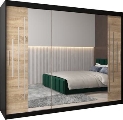 InspireMe - Kledingkast met 3 schuifdeuren, Modern-stijl, Een kledingkast met planken en een spiegel (BxHxD): 250x200x62 - MALTESE II 250 Zwart Mat + Sonoma Eik