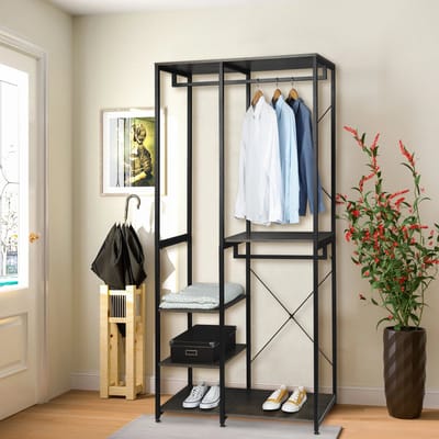 Staande rek - Opbergrek - Stellingkast - Schoenenrek - Kleding Ophangen - Waterdicht - Montage - Woonkamer - Zwart en Roestbruin.