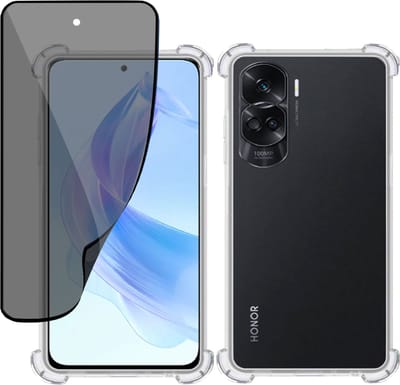 Hoesje + Privé Screenprotector geschikt voor Honor 90 Lite – Privacy Tempered Glass - Case Transparant