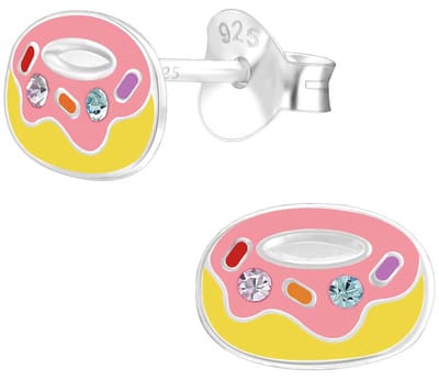 Joy|S - Zilveren donut oorbellen - 8 x 6 mm - geel roze met kristal - kinderoorbellen