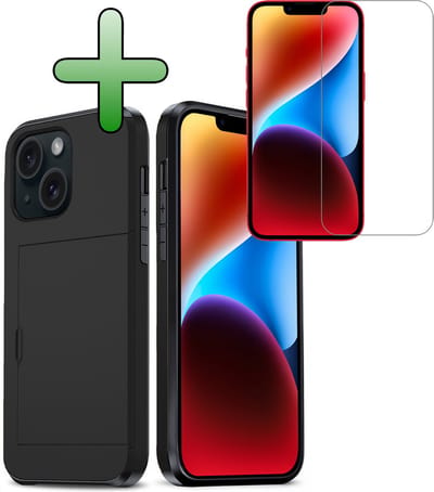 Hoes Geschikt voor iPhone 14 Hoesje Hard Case Met Pas Houder Met Screenprotector - Hoesje Geschikt voor iPhone 14 Hoes Shockproof Hard Cover Met Kaarthouder - Zwart