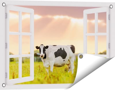 Gards Tuinposter Doorkijk Zwart Wit Koe in de Wei bij Zonsopkomst - 60x40 cm - Tuindoek - Tuindecoratie - Wanddecoratie buiten - Tuinschilderij