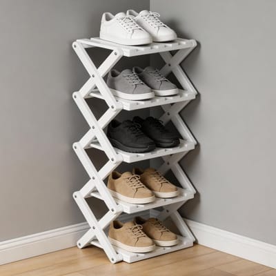 Klein verticale schoenenrek van bamboe, multifunctionele schoenenorganizer voor camping, gangen en slaapkamer, vrijstaand mini-schoenenrek met 5 etages voor optimale ruimtebesparing