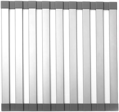 Aluminium opvouwbare krimpkous grote waslijn plank - gootsteen accessoires - roll drain planes - ruimte te besparen - keuken gereedschap - was - en droogrek - lekvrije tray voor keuken badkamer - grijs 18,8 inch