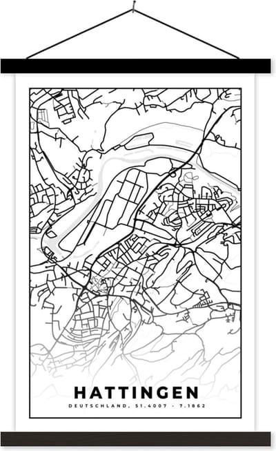 Posterhanger incl. Poster 40x60 cm - Schoolplaat - Hattingen - Kaart - Plattegrond - Stadskaart - Textielposter - Zwarte latten - Stadskaart