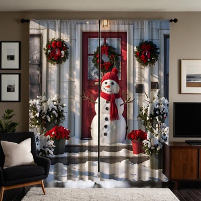 2 pièces Guirlande de Noël HD Bonhomme de neige rideau décoratif Blanc cravate rideau imprimé numérique Décoration de maison style Décoration salon W52H63inchW132H160cm gray