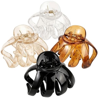Haarclips set 4 stuks – transparante en glanzende kunststof haar klemmen – stevige ronde claw clips in zwart, amber, helder en beige voor dames