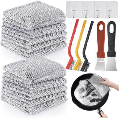 Dailygoody - Multifunctionele Niet-Kras Draad Vaatdoek - Herbruikbare Schuurdoekjes - 12 Stuks - Zilver - Voor Keuken en Tellers - Inclusief Spatels e