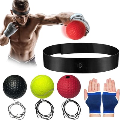 Box Reflex Bal - 3x Boks Bal - Reflex bal - Met Hoofdband, Elastiek en Handschoenen - Reflex Oefenen - Boxing Speedball - Fitness Training Ball - Rood/zwart/geel