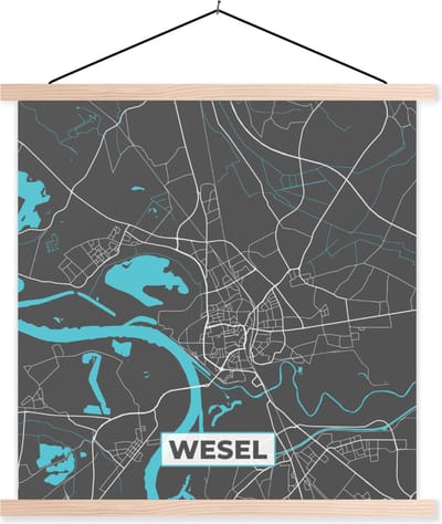 Posterhanger incl. Poster 60x60 cm - Schoolplaat - Duitsland – Blauw – Wesel – Stadskaart – Kaart – Plattegrond - Textielposter - Blanke latten - Stadskaart