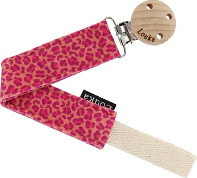 Louka Speenkoord panter roze de luxe - houten clip - speenketting