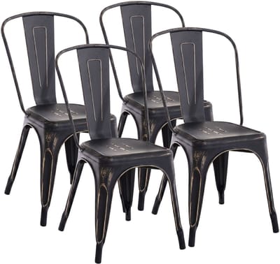 CLP Set van 4 Stapelstoelen Benedikt - Horecastoel met Rugleuning - Stapelbare Eetkamerstoel voor Keuken, Bistro en Café - Metaal - zwart/goud